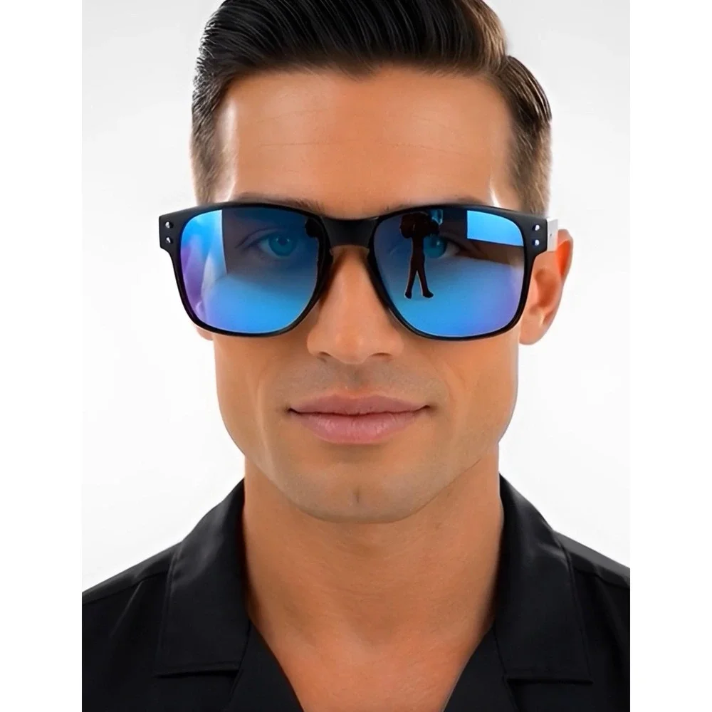 Polarized Sunglasses Men Driving Fishing Square Frame Blue‎ Mirror Lens Gafas